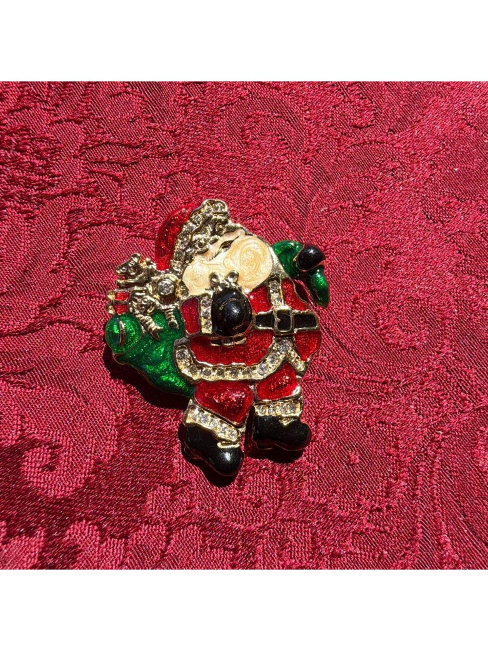 Vintage Santa Claus Christmas Brooch Pin Red Green Enamel Clear Rhinestone 2"